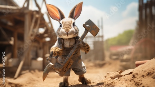 A rabbit in overalls holding a pick axe. Generative AI. © Natalia