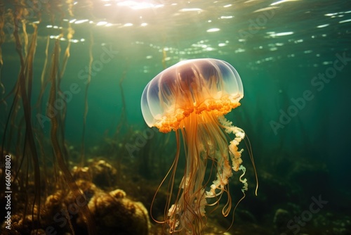 A jellyfish floating in the water near some plants. Generative AI. © Natalia
