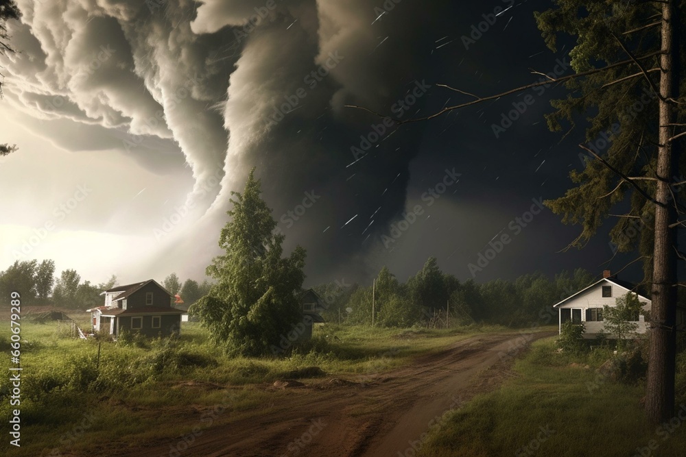 Powerful tornado causes devastation, passing through populated area, obstructed by tree. Intense storm clouds. Generative AI