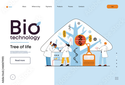 Bio Technology, Tree of life - modern flat vector concept illustration of scientists observing the tree, whose leaves represent various types of DNA. Metaphor of genetic research and diversity of life