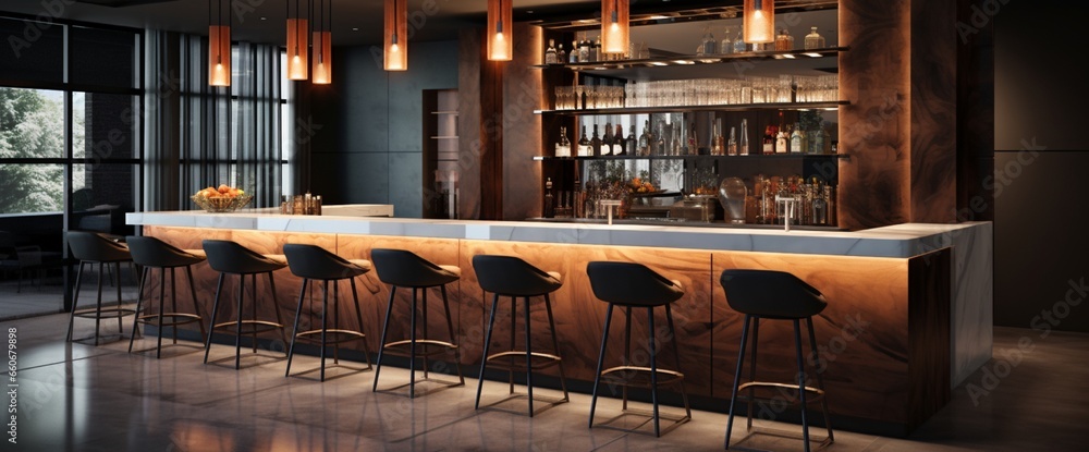 A sleek modern bar counter with high stools, the backlit shelves offering ample space for drink recipes or branding. - obrazy, fototapety, plakaty 