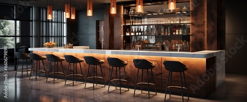 A sleek modern bar counter with high stools, the backlit shelves offering ample space for drink recipes or branding. photo
