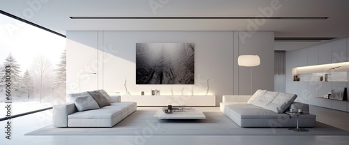 A sleek modern living room with a vast white wall, ideal for artistic projections. © AQ Arts
