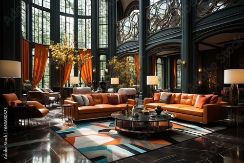 Art Deco living room with glamorous, luxurious furnishings and geometric patterns
