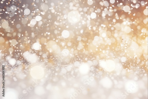 Abstract Beige Bokeh Burst on White Sparkly Background. Festive Glittering Christmas Lights in Blurred and Blinking Beige Bokeh.