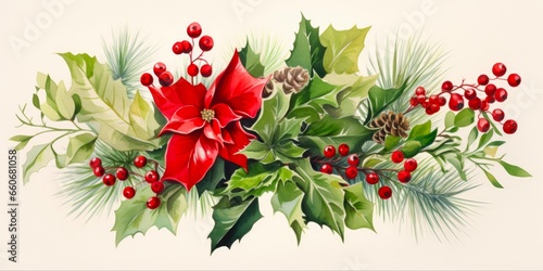Christmas Leaves: Festive Watercolor Floral Arrangement of Holly, Berries, and Evergreen Spruce