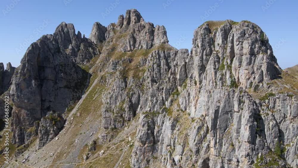 Aerial view of Aiguilles de Chabrieres rock formation overlooking Serre-Poncon Lake, near Ecrins National Park. Hautes-Alpes. Alps, France Aerial view of Aiguilles de Chabrieres rock formation overlooking Serre-Poncon Lake, near Ecrins National Park. Hautes-Alpes. Alps, France