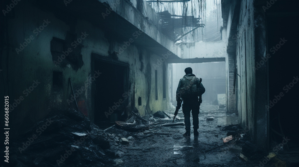 Confronting the Aftermath: Soldier in War-Torn Building, Generative AI Confronting the Aftermath: Soldier in War-Torn Building, Generative AI