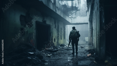 Confronting the Aftermath: Soldier in War-Torn Building, Generative AI