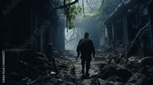 War-Torn Hero: Soldier Navigates the Devastation, Generative AI