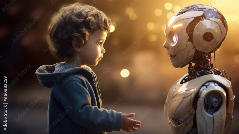 A small child standing next to a white robot. Generative AI.