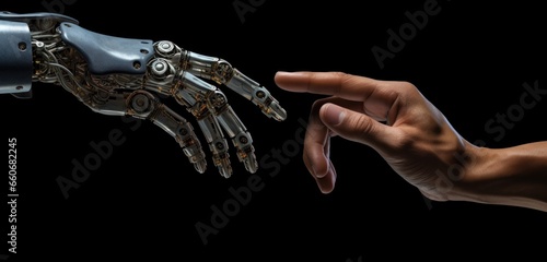 A person touching a robot"s hand. Generative AI.