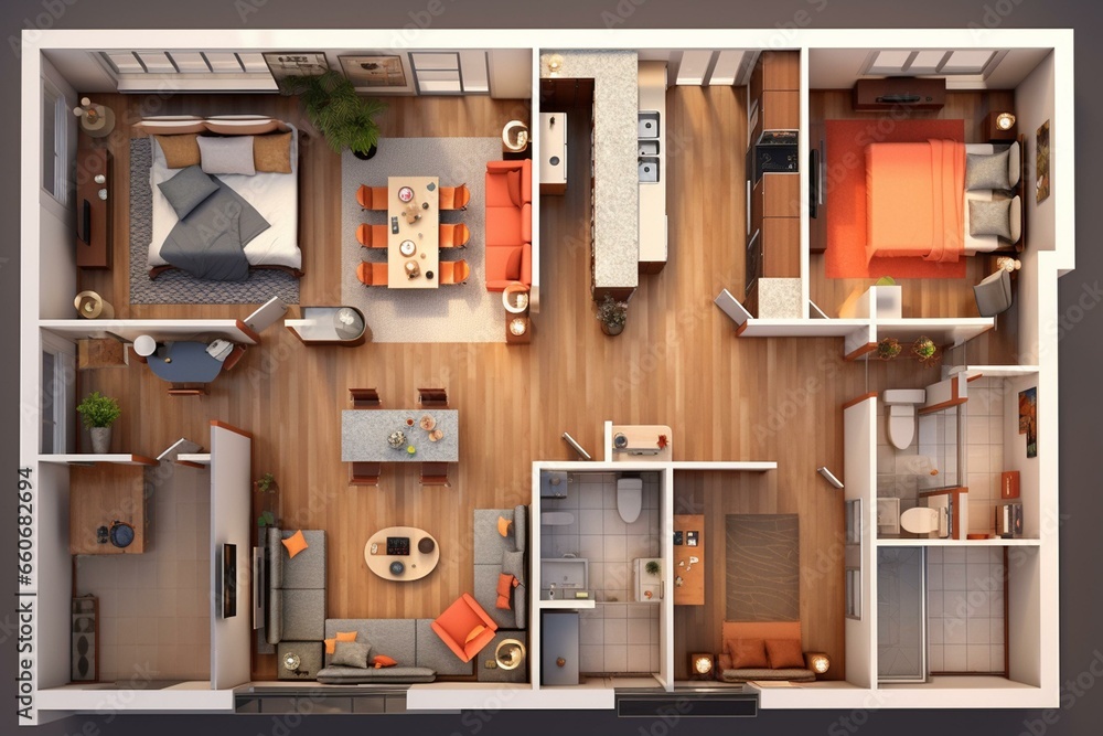 3D illustration of a top-view floor plan for an open concept living apartment layout. Generative AI - obrazy, fototapety, plakaty 