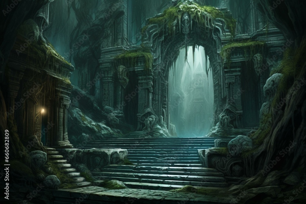 An entrance to a mystical underground temple. Generative AI - obrazy, fototapety, plakaty 