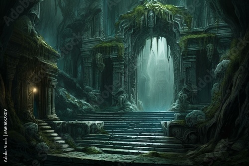 An entrance to a mystical underground temple. Generative AI