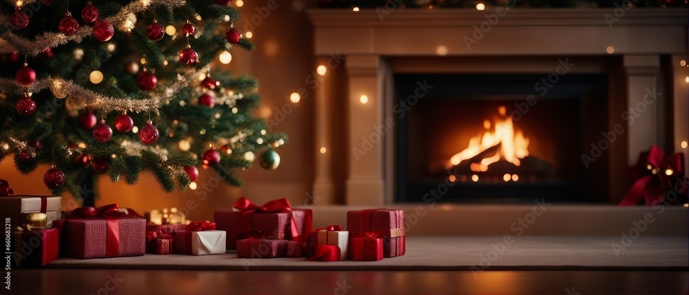 Christmas tree with presents and fireplace, wide photo Christmas tree with presents and fireplace, wide photo