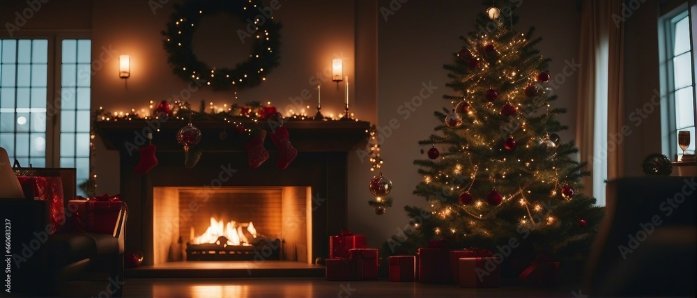 Christmas tree with presents and fireplace, wide photo Christmas tree with presents and fireplace, wide photo
