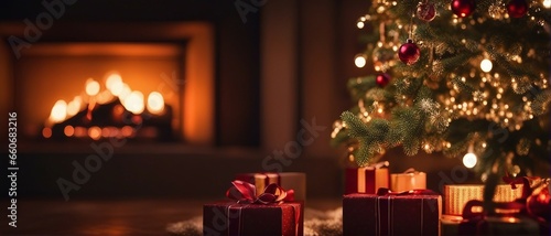 Christmas tree with presents and fireplace, wide photo © vitaliygo