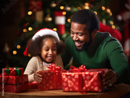 African American father and young daughter looking at Christmas presents with excitement. Against Christmas background Both are smiling. Narrow depth of field with focus on faces.