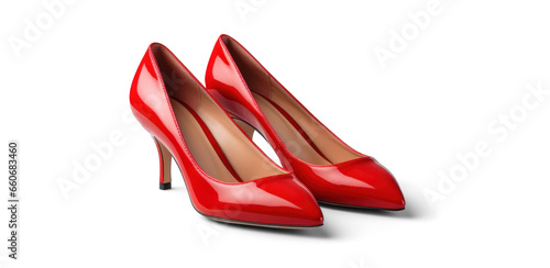 red women's classic leather heels, png file of isolated cutout object with shadow on transparent background.
