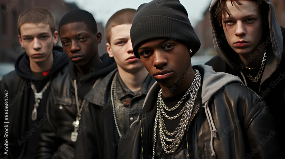 A street gang of teenage homeless boys. Destructive behavior among youth, gangs, juvenile delinquency and robbery. - obrazy, fototapety, plakaty 