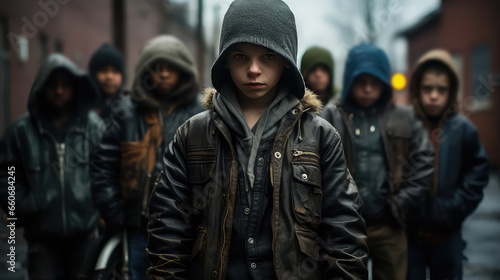 A street gang of teenage homeless boys. Destructive behavior among youth, gangs, juvenile delinquency and robbery. © dinastya