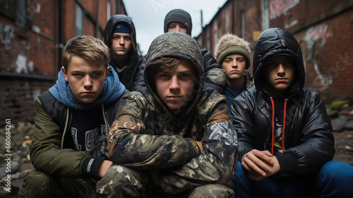 A street gang of teenage homeless boys. Destructive behavior among youth, gangs, juvenile delinquency and robbery. photo