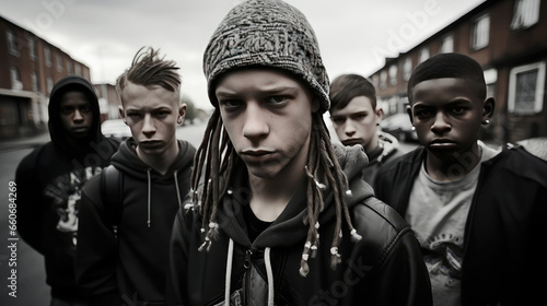 A street gang of teenage homeless boys. Destructive behavior among youth, gangs, juvenile delinquency and robbery. photo