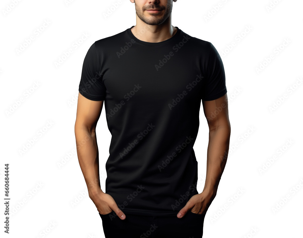Obraz premium black t-shirt mockup on a man, png file of isolated cutout object with shadow on transparent background.