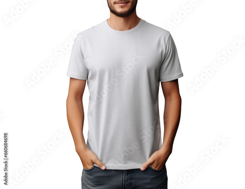 white t-shirt mockup on a man, png file of isolated cutout object with shadow on transparent background.