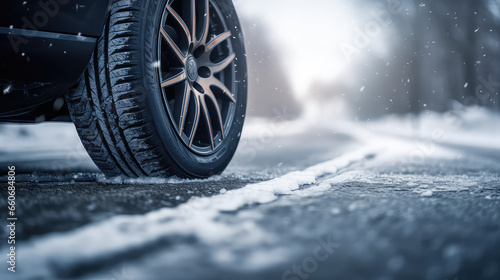 Cropped image of brandless car. Winter tire on the asphalt road in the snow. New winter tire for cars, auto goods and accessories. 