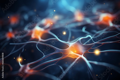 Neuron cells neural network under microscope neuro research science brain signal information transfer human neurology mind mental impulse biology anatomy microbiology intelligence connection system photo