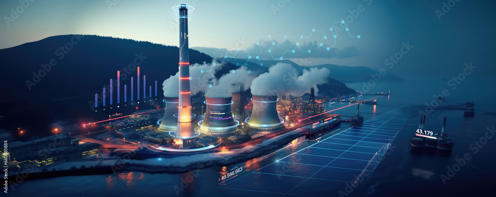 atomic nuclear reactor or power plant refinery industrial factory with cooling towers and smoke chimney as wide banner background with information data - obrazy, fototapety, plakaty 