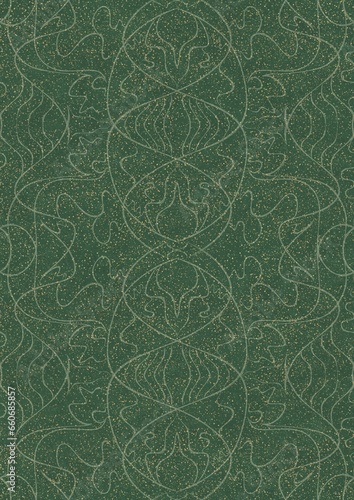 Hand-drawn unique abstract seamless ornament. Light green on a darker warm green background, with splatters of golden glitter. Paper texture. Digital artwork, A4. (pattern: p02-1d)