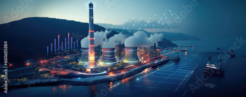 atomic nuclear reactor or power plant refinery industrial factory with cooling towers and smoke chimney as wide banner background with information data photo