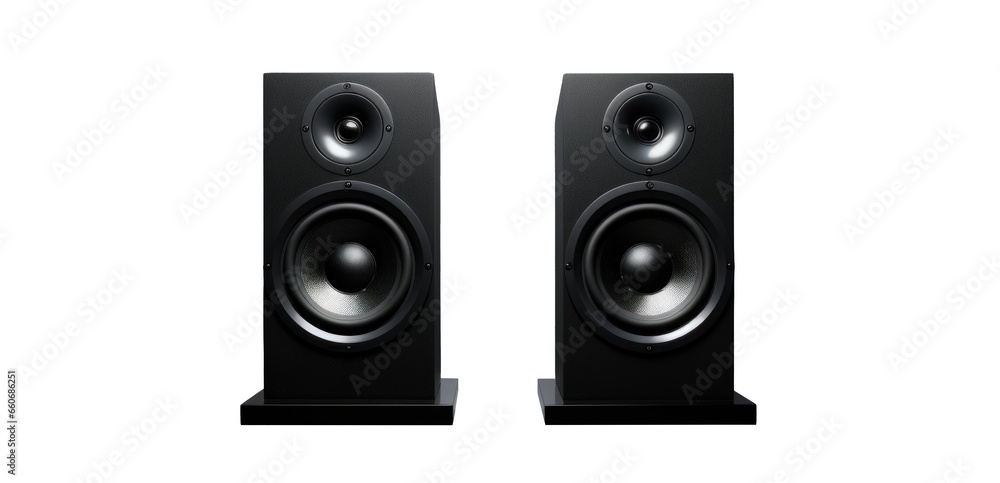 two black powerful speakers, png file of isolated cutout object with shadow on transparent background. two black powerful speakers, png file of isolated cutout object with shadow on transparent background.