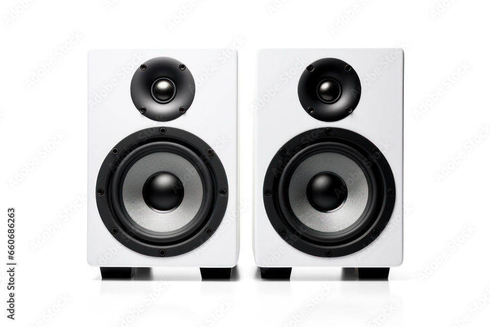 white powerful speakers, png file of isolated cutout object with shadow on transparent background. white powerful speakers, png file of isolated cutout object with shadow on transparent background.