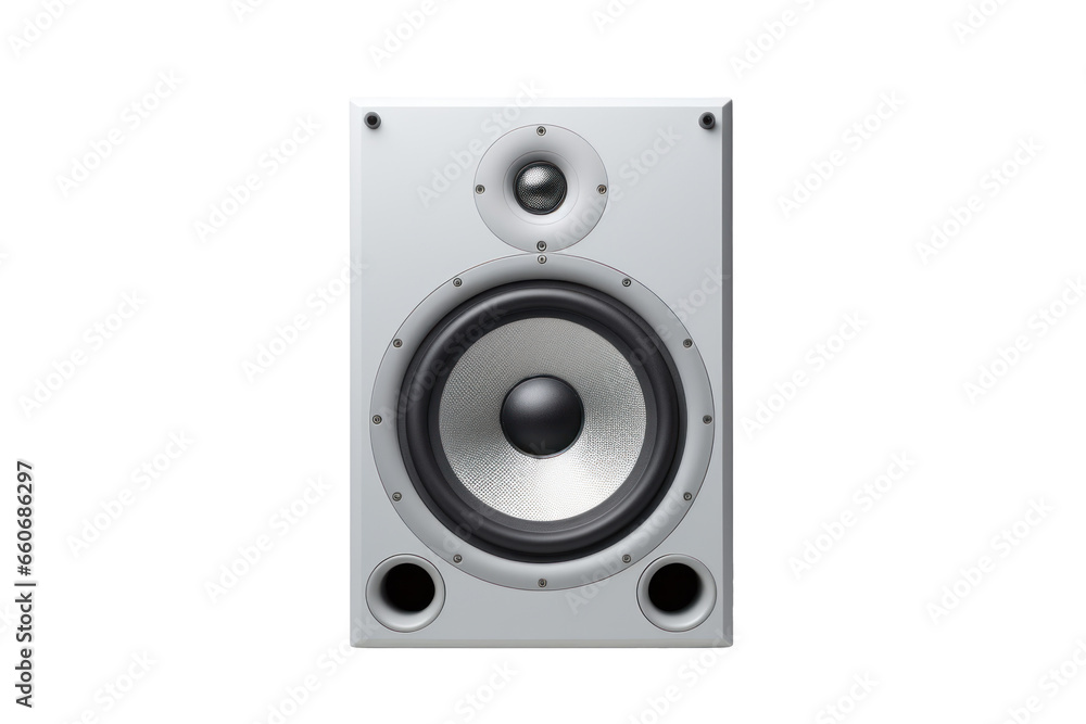 white powerful speaker, png file of isolated cutout object with shadow on transparent background.