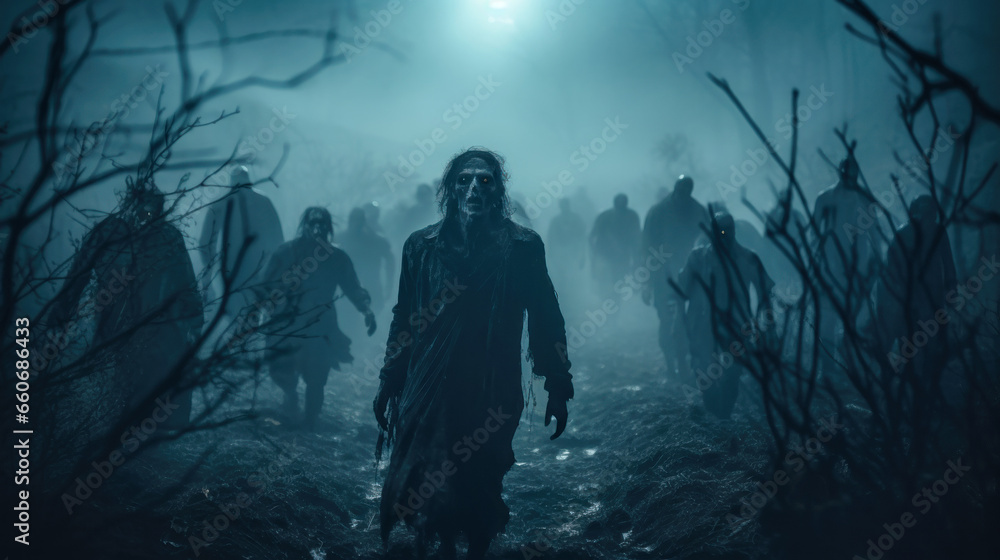 Creepy undead walk in misty forest, scary zombies on Halloween night Creepy undead walk in misty forest, scary zombies on Halloween night