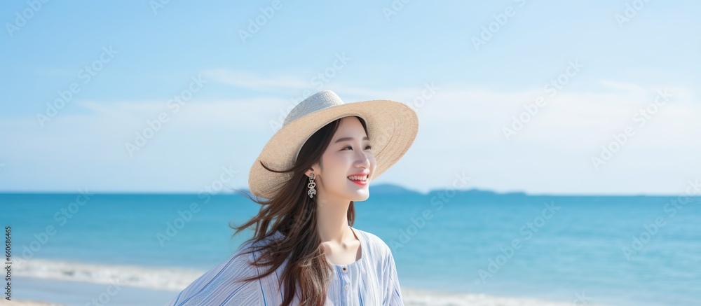 beautiful asian woman wearing hat and white dress.