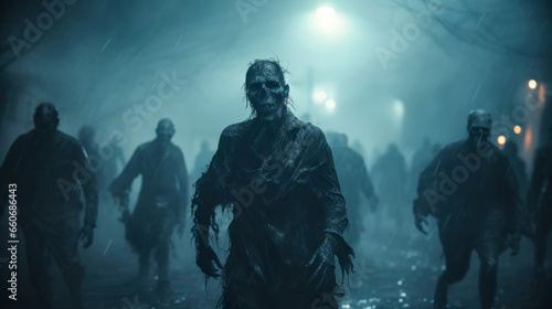 Scary undead walking on street in rain at night, zombie apocalypse theme © karina_lo