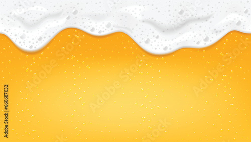 Seamless vector background of realistic light lager beer with flowing foam and bubbles.