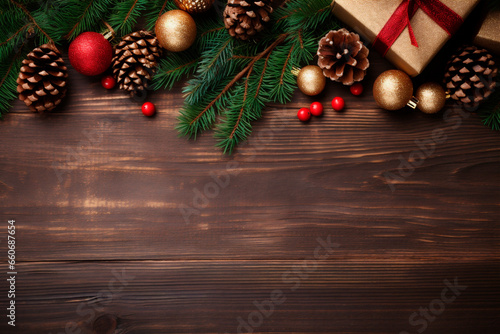 Christmas image with with fir branches, gift, balls and pine cones, dark rustic wooden background for copy space