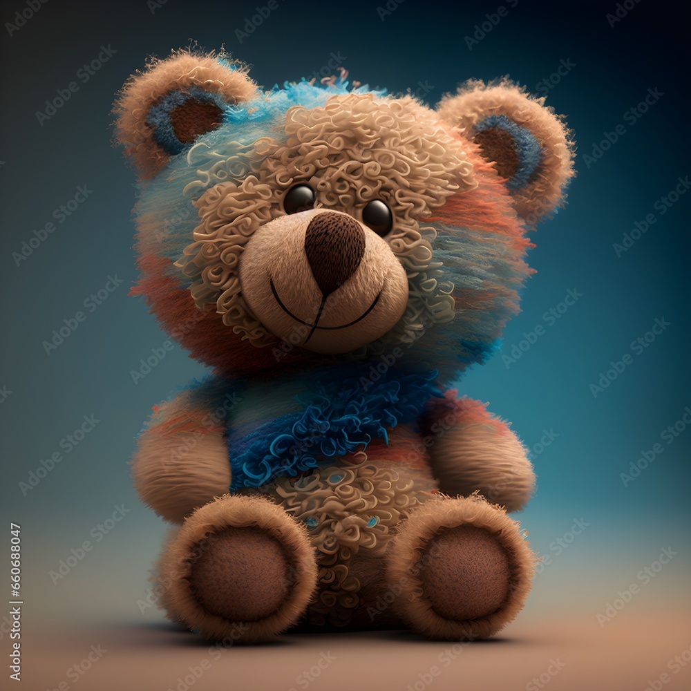 portrait teddy bear toy pixar style hair detail optimistic colors on neutral background 32k hyper quality  - obrazy, fototapety, plakaty 