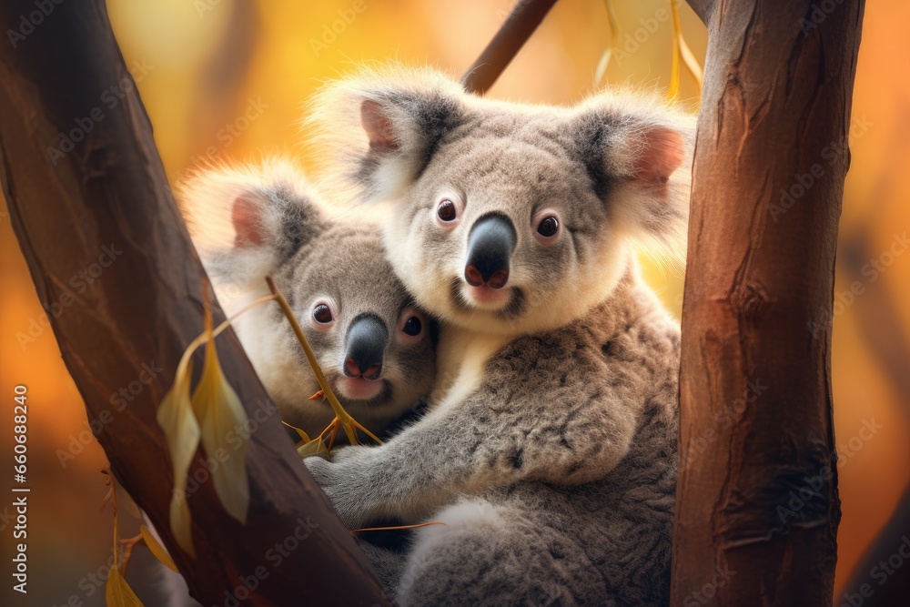 Fototapeta premium koalas in tree with baby on their shoulder Generative AI