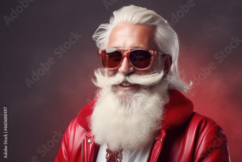 Photo of retired old man grey beard open mouth excited look see magical new year creature make wish bring atmosphere wear santa costume coat spectacles headwear