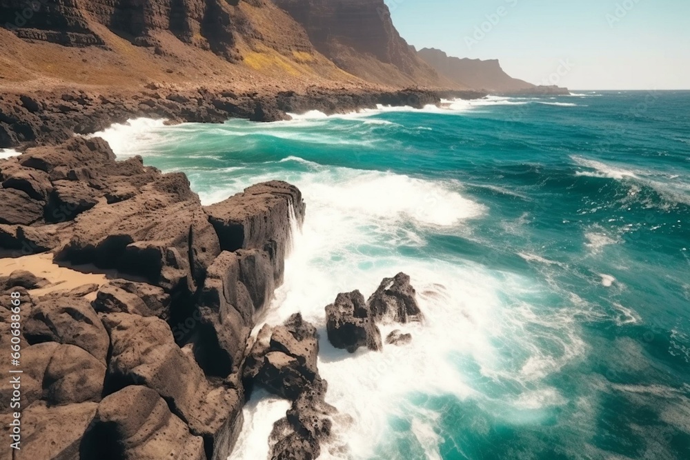 Breathtaking aerial time-lapse of rocky cliffs with crashing ocean waves in sunny Gran Canaria. Generative AI