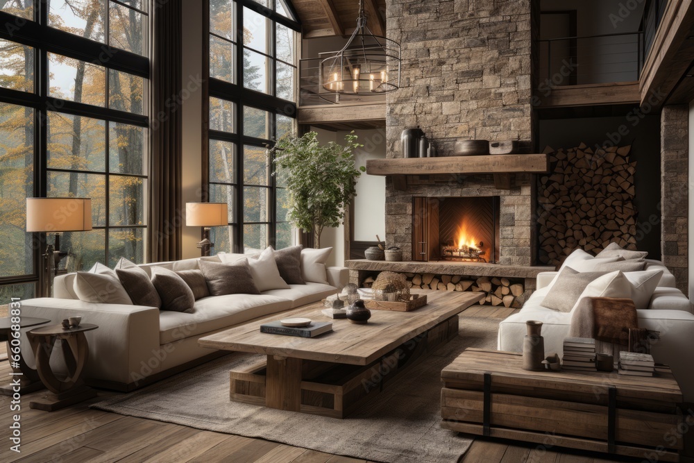 Modern Farmhouse living room with a mix of rustic and contemporary elements Modern Farmhouse living room with a mix of rustic and contemporary elements