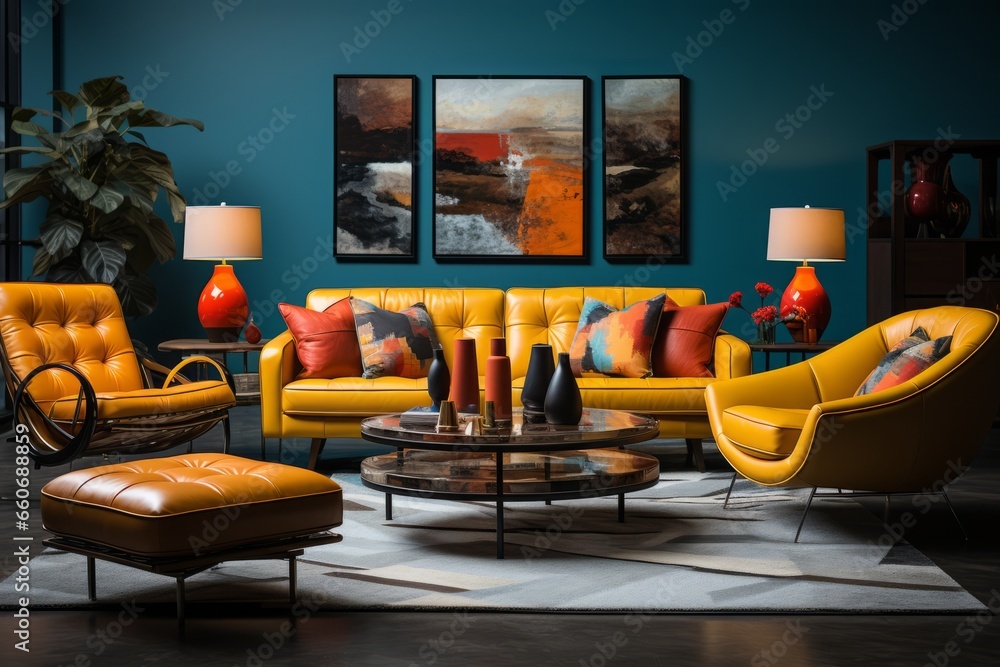 Retro 1970s living room with shag carpeting, bold colors, and vintage ...