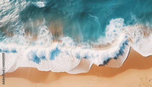 Aerial view of beautiful sandy beach with turquoise sea waves. Generative AI